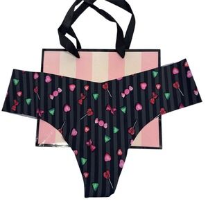 NWT Victoria's Secret Thong Panty‎ Candy Bow Heart Print Black Lingerie M